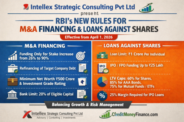 RBI’s new M&A financing and loans against shares rules effective April 1, 2026—covering acquisition funding, IPO loans, LTV limits, and investor eligibility. A complete guide for corporates, banks, and investors.