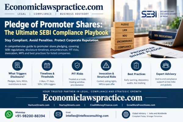 Pledge of Promoter Shares in India: SEBI Compliance, Disclosure Timelines, PIT Risks, Encumbrance Rules & Invocation Guide.